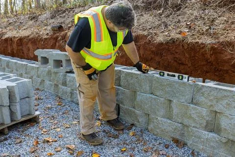 Man with leveling tool building retaining block wall with being built on new Foto stock