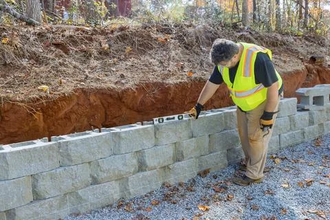 A man levels a tool during the construction of a concrete block retaining wall Foto stock