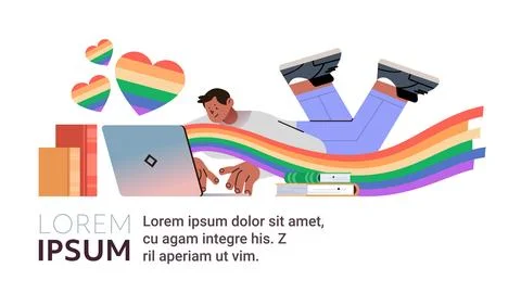 Man with lgbt rainbow flags using laptop gay lesbian love parade pride festival Stock Illustration