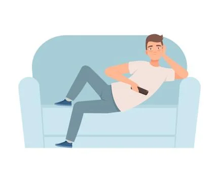 Man lies on a sofa and holds a TV remote in his hands bad habit illustration Stock Illustration