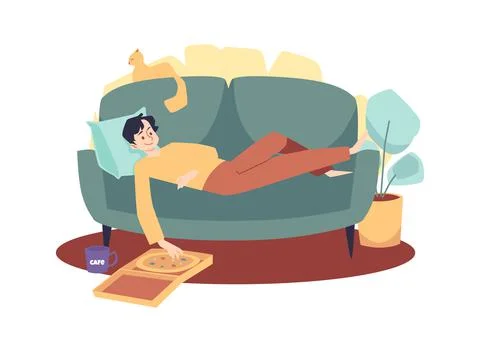 Man lies on sofa with cat, eats pizza and drinks coffee - flat vector イラスト素材