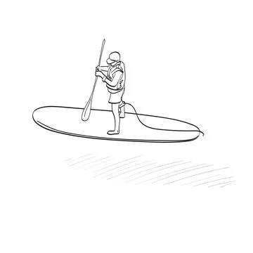 Man with life jacket and cap standing up on paddle board illustration vector Stock Illustration