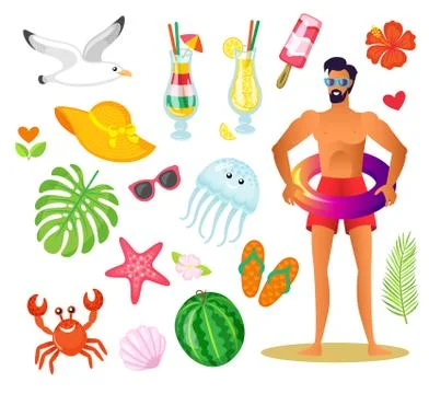 Man with Lifebuoy, Summer Vacation Elements Icon Stock Illustration