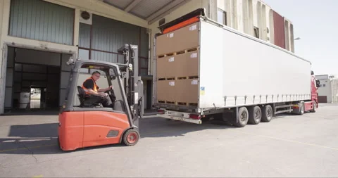 Man Lifting Boxes With Forklift And Putting Them Into Truck Stock Footage 142891368