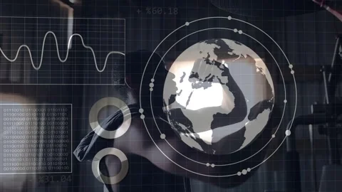 Man lifting, flexing right arm in gym, initiating holo globe with HUD charts Stock Footage 333397232