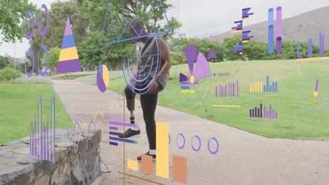 Man lifting leg onto stone wall adjusting prosthetic stretching hamstring for Stock Footage 333910989