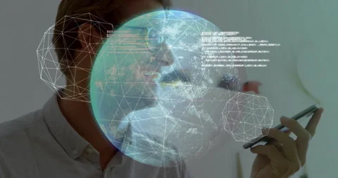 Man lifting phone to face speaking as 3D globe emerging with scrolling code Stock Footage 313295044