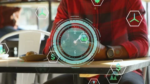 Man lifting phone, starting clock, rings and hex icons drifting outward, showing Stock Footage 329899343
