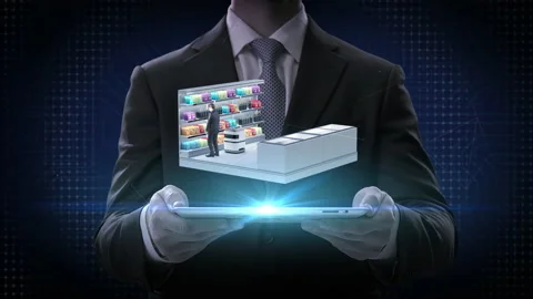 Man lifting smart pad, unmanned convenience store. AI robot carries, pay. 4k. Stock Footage 164008120