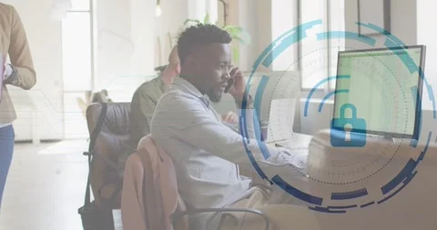 Man lifting smartphone and typing triggers pulsing lock graphic while securing Stock Footage 319783620
