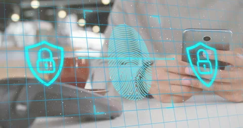 Man lifting smartphone, generating security grid and scanning fingerprint, locks Stock Footage 312348654
