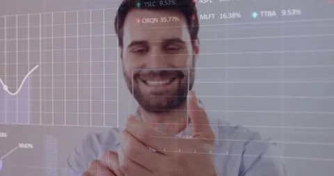 Man lifting smartphone tapping screen while UI grid face box charts animating Vídeos de archivo 318194191