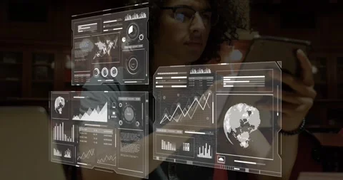 Man lifting stylus and tablet activating holographic charts in library updating Stock Footage 317264739