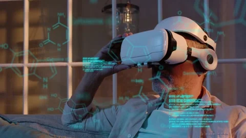 Man lifting white VR headset starting VR UI on couch, adjusting selecting cyan Stock Footage 334351674