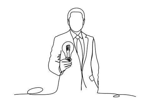Man with light bulb in his hands one line drawing. Vector illustration. Stock Illustration