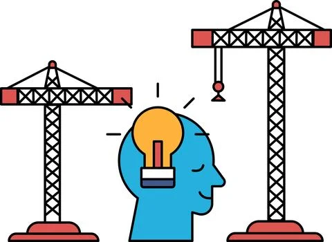 A man with a light bulb on his head is standing next to a crane Illustrazione stock