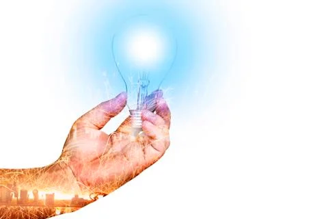 Man with a light bulb On a white background Stock Photos