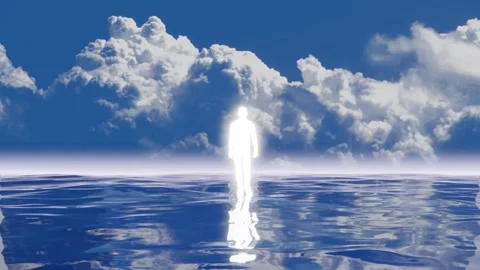 Man of light walking on a water surface that reflects clouds moving fast Stock Footage 284542180