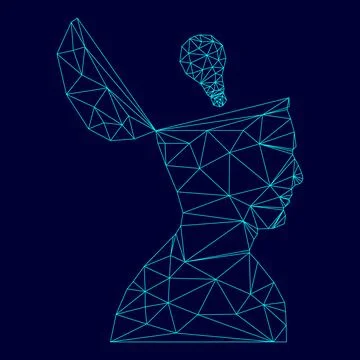 Man with lightbulb idea in open head in low poly triangulation triangulated.. Stock Illustration