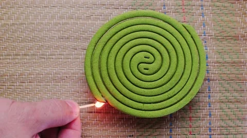 A man lights an aromatic spiral on the background of a bamboo mat Stock Footage 241654298