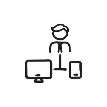 Man linked with computer and phone sketch icon Stock Illustration
