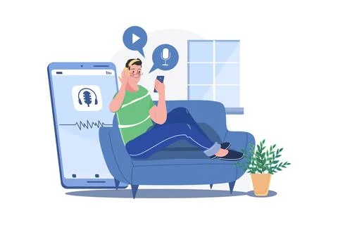 Man Listening To The Podcast While Sitting On A Couch Stock Illustration