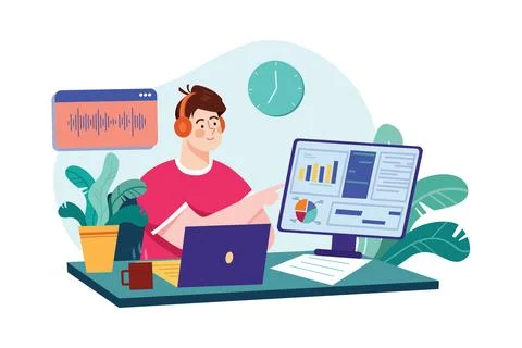 Man listening to the podcast while working Illustration concept. Flat illustr Stock Illustration