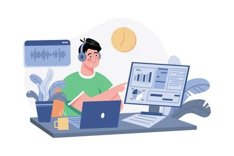 Man Listening To The Podcast While Working Stock Illustration