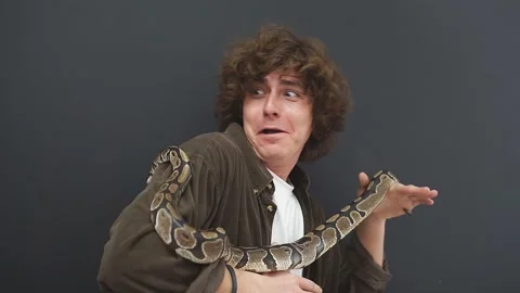 A man is a little afraid of a snake that crawls on his hands, he is confused and Stock Footage 157636826