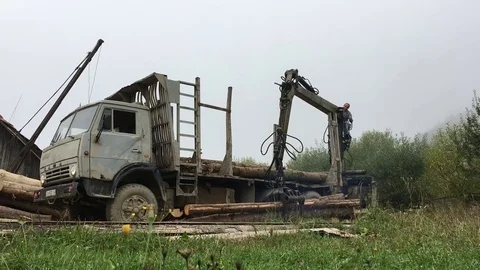 Man load the logs to the track Stock Footage 70862880