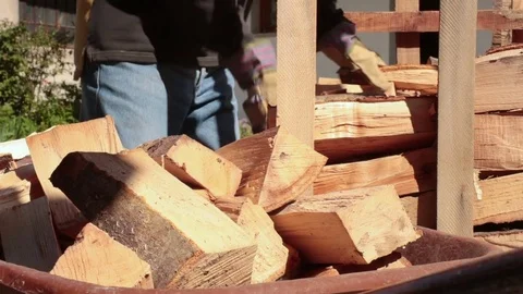 Man load wood on a barrow Vidéo 78126653
