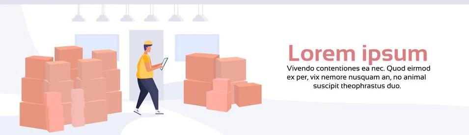 Man loader checklist parcel box warehouse interior background delivery concept Stock Illustration