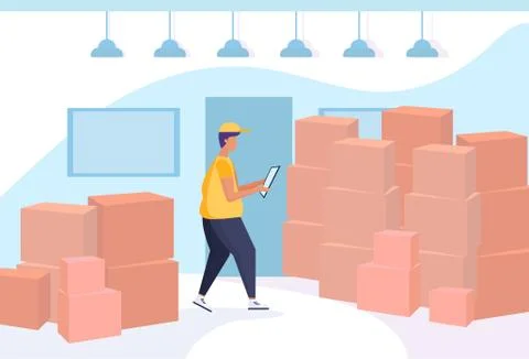 Man loader using smartphone mobile app parcel box warehouse interior background Stock Illustration