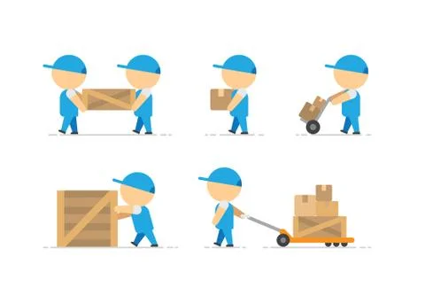 Man loader with wooden box in hands and container on freight trolley vector art Stock Illustration
