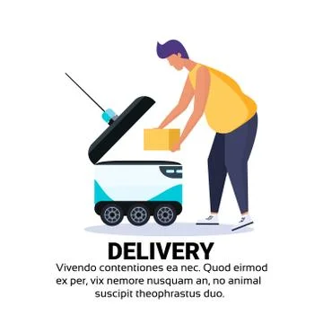 Man loading box robot self drive fast delivery goods in city car robotic carry Ilustración de archivo
