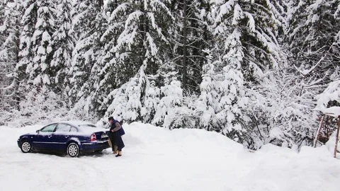 Man Loading A Car In The Forest Winter Cabin Stock Footage 85099058