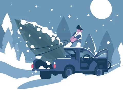 Man loading Christmas tree in car Stock Illustration