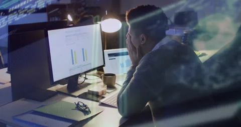 Man loading data dashboard studying bar chart on monitor while flickering code Stock Footage 314719228