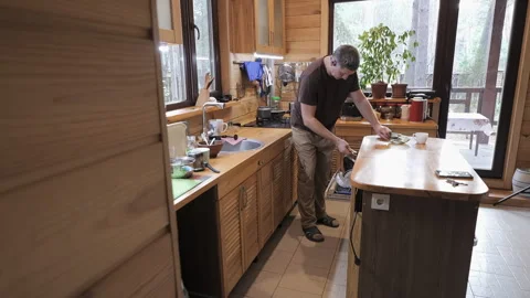 Man Loading Dirty Plates Into Dishwasher in Modern Wooden Home Kitchen Stock Footage 346746492