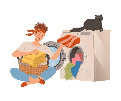 Man loading laundry into washing machine. Househusband at everyday routine Stock Illustration