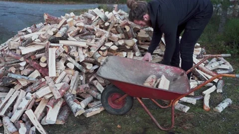 Man Loading The Red Wheelbarrow With Chopped Woods. close up Stock Footage 148389576