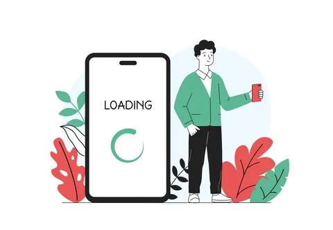 Man loading smartphone. Young guy turns on gadget or devices. Downloading files Stock Illustration