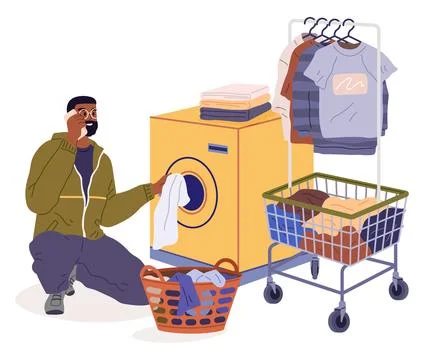 Man loading washing machine with dirty clothes, putting linen into washers drum Illustrazione stock