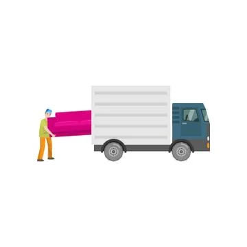 Man loads a big pink sofa in the trunk of a truck, isolated on a white Stock Illustration