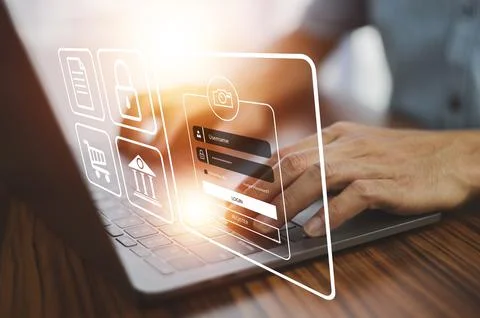 Man login and password on computer cyber security concept data protection and Foto stock