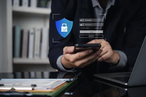 Man login password authentication using smartphone. Secure access data prot.. Stock Photos