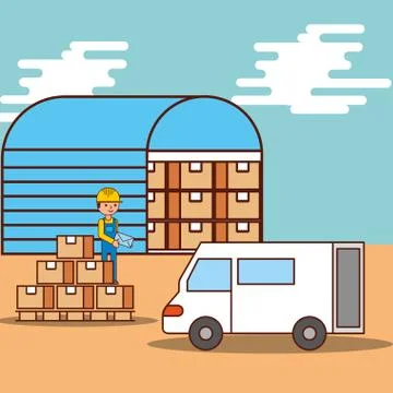 Man logistic warehouse boxes and van truck transport Stock Illustration