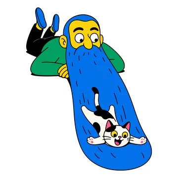 Man with Long Beard and Playful Cat Illustrazione stock
