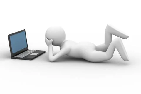 Man look in computer on white background. Isolated 3D image Stockillustratie