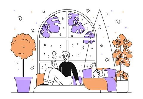 Man look at rainy window vector simple Ilustración de archivo